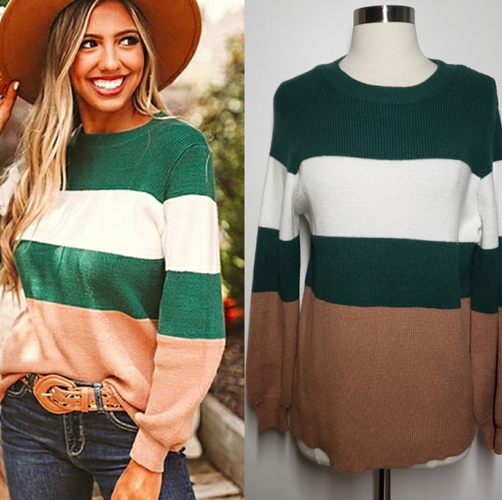 ENTRO Maple Kisses Striped Sweater Boho Casual Cozy Collegiate